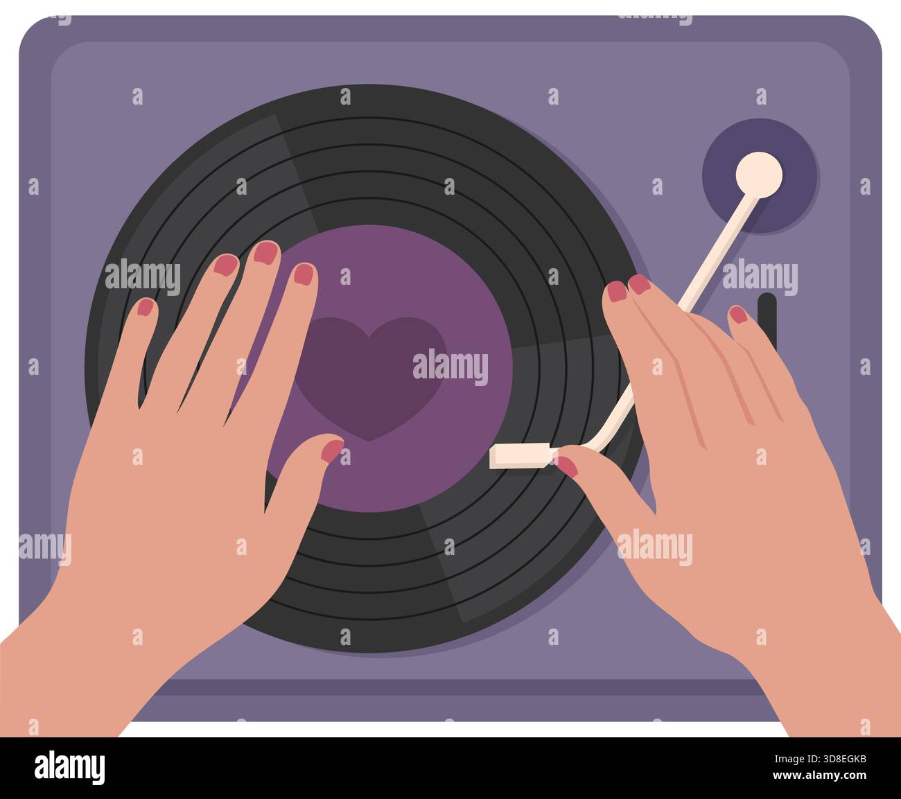 Weibliche Hände auf Retro-Vinyl-Plattenspieler. Draufsicht. Vektorabbildung Stock Vektor