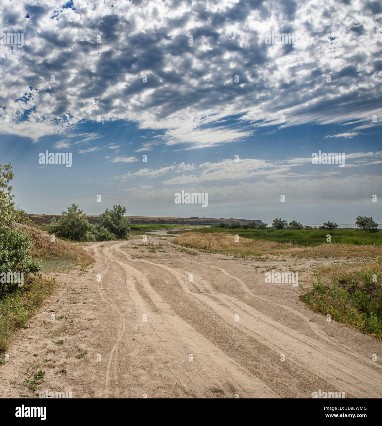 Eine unbefestigte Sandstraße führt durch eine flache Landschaft mitten in der Steppe in der Region Cherson. Stockfoto