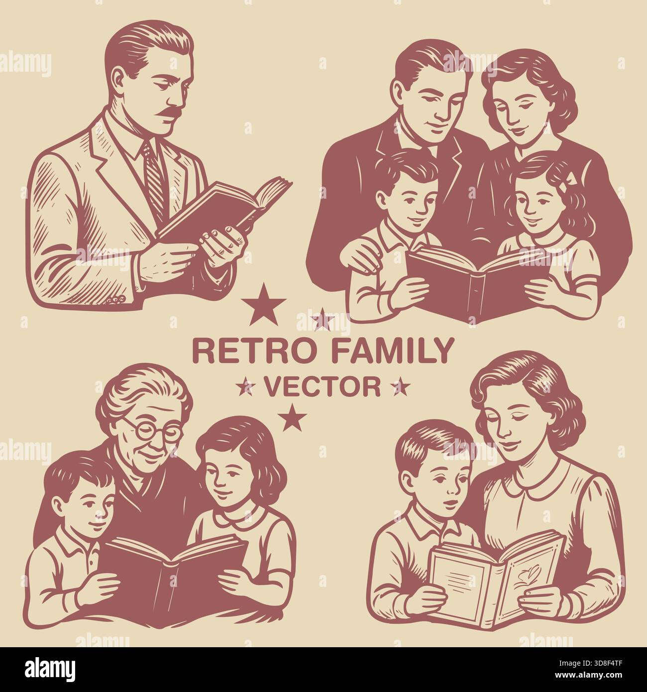 Familienillustrationen im Retro-Stil zeigen Eltern, Kinder und eine Großmutter, die gemeinsam Bücher lesen. Vintage-Monochrom-Vektorkunst, die warme Atmosphäre einfängt Stock Vektor