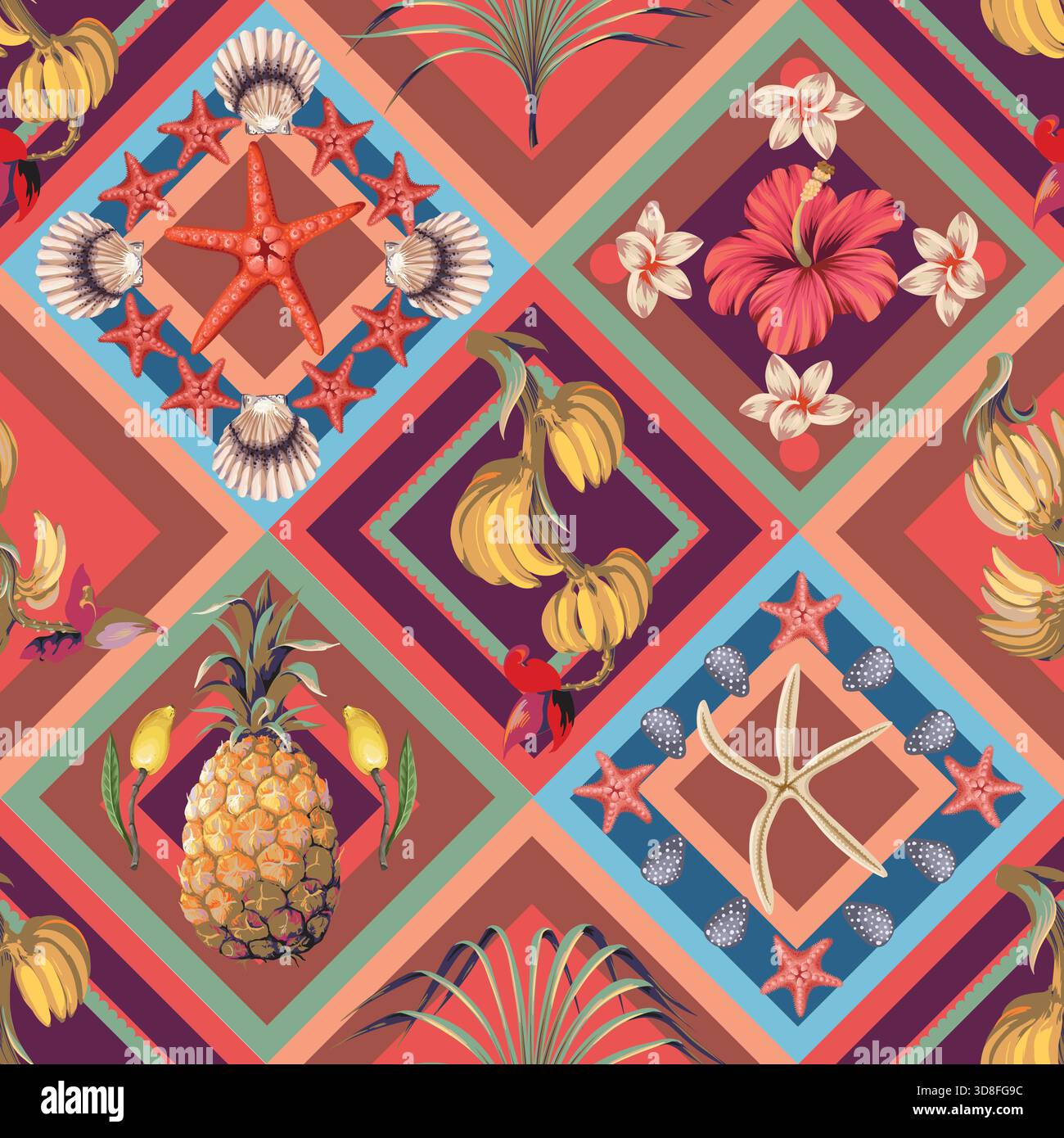 Tropische Sommerfrüchte und Muscheln Muster in farbenfrohen geometrischen Quadraten Vektor nahtlose Design Stock Vektor