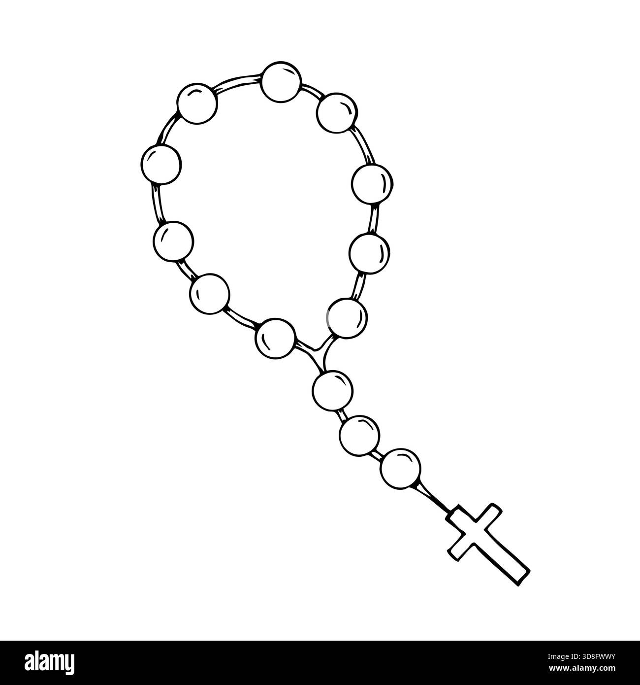 Erste Kommunion Rosenkranzperlen für religiöse Feiern und sakramentale Gestaltung. Handgezeichnet. Schwarz-weiß-Vektorillustration. Christian Stock Vektor