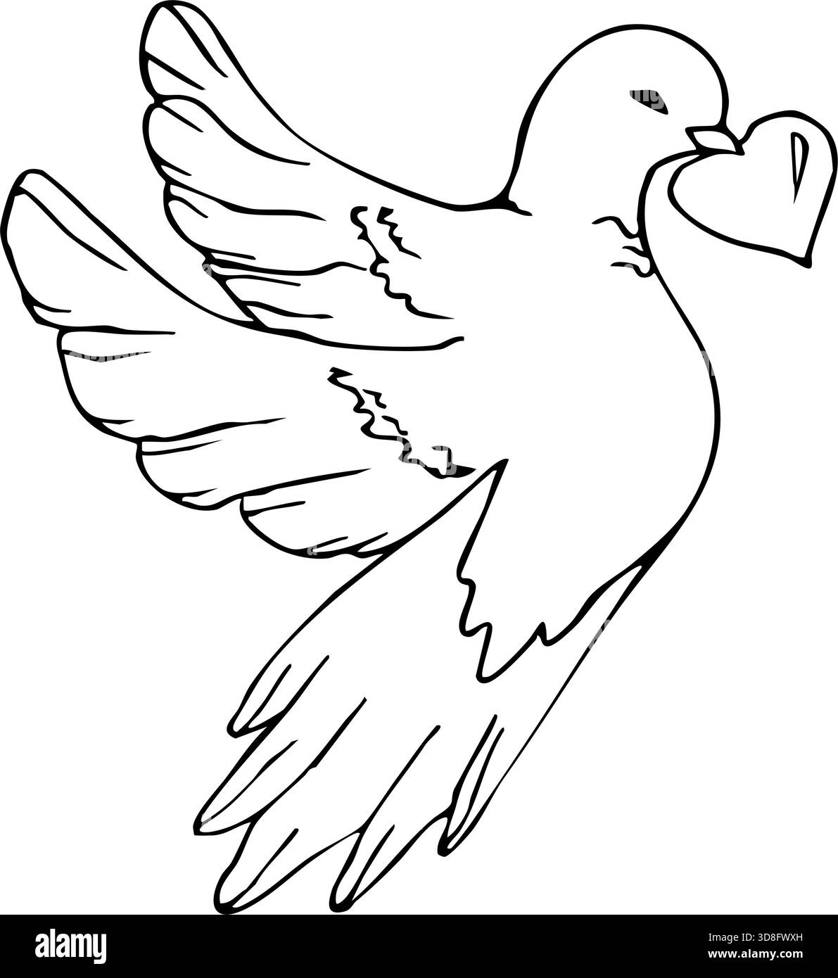 Erstes Kommunionsymbol mit Taube des Friedens und Herzens für religiöse Feiern. Handgezeichnet. Schwarz-weiß-Vektorillustration. Valentinstag Stock Vektor