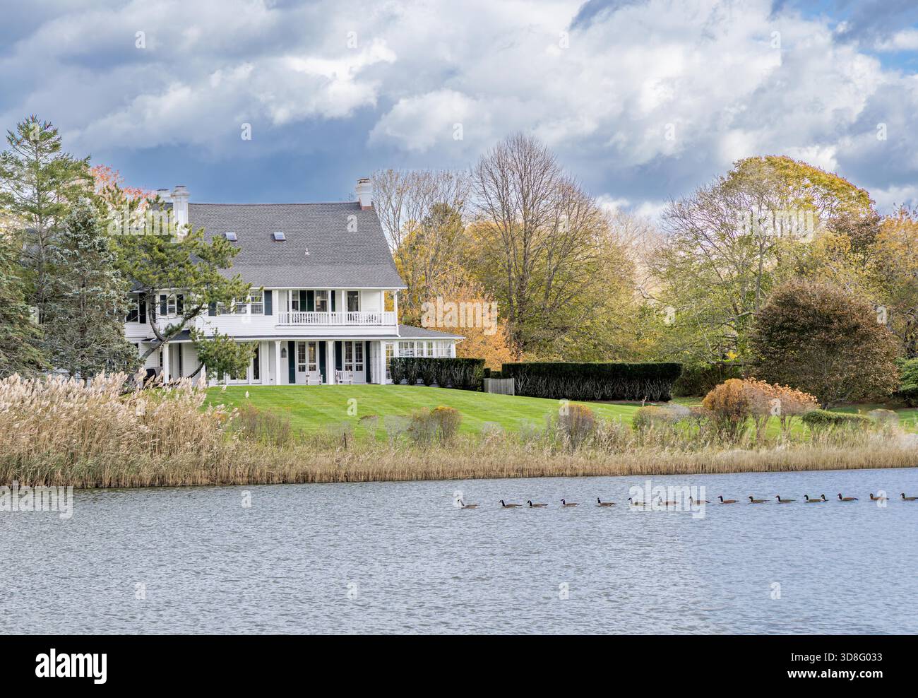 Luxuriöses Haus am Agavam See mit einer Reihe von schwimmenden Gänsen Stockfoto
