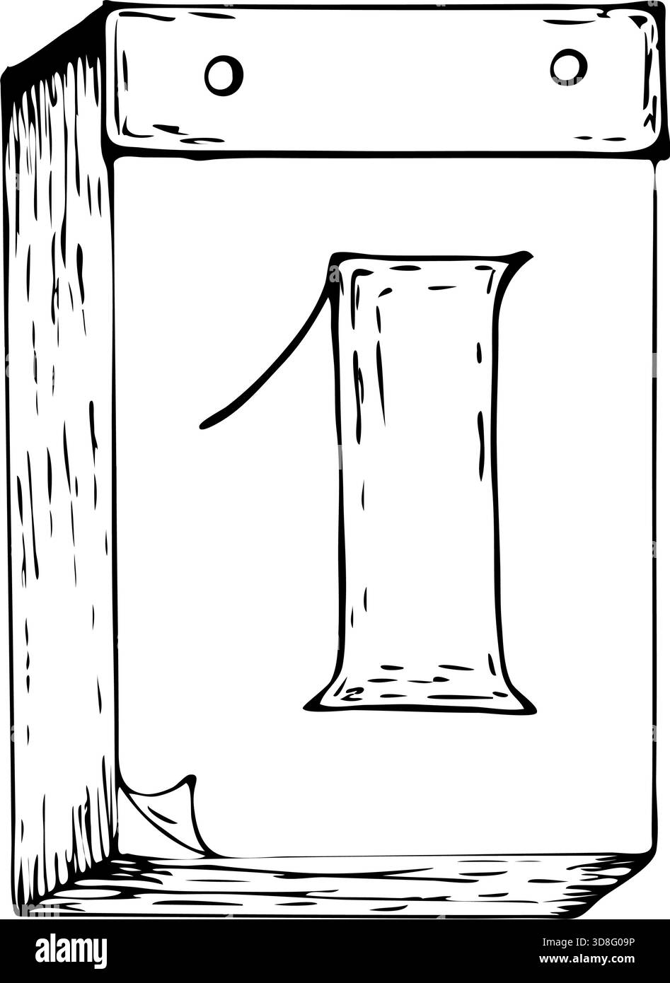 Abreißkalender mit Nummer 1 auf dem ersten Blatt. Symbol des Jahresbeginns. Vintage-Illustration in Schwarz-weiß. Vektor. Frohes Neues Jahr Stock Vektor