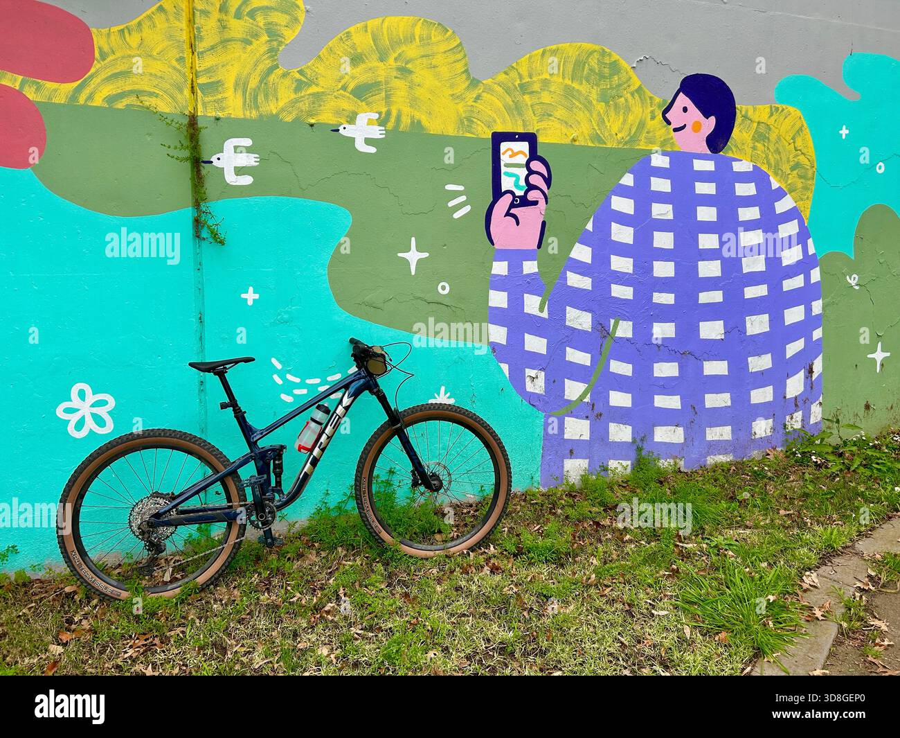 Das Mountainbike lehnt sich gegen Street Art im Vorort Melbourne an; eine Figur in Malerei scheint ein Foto des Fahrrads mit einem Mobiltelefon zu machen Stockfoto