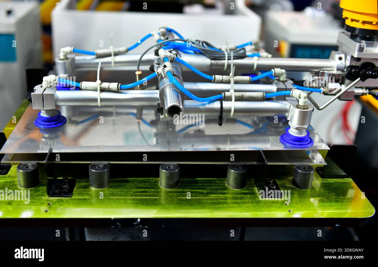 Der Roboterarm steuert den Schneideprozess von Stahlblechen in der industriellen Fabrik Stockfoto
