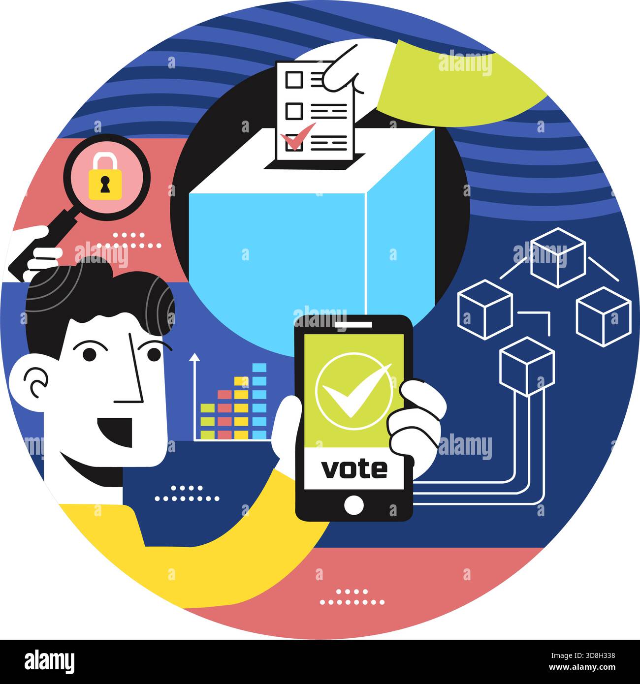 Blockchain Voting System Vector Illustration zeigt sichere dezentrale digitale Stimmzettel und transparente Wahltechnologie in einem flachen Hintergrund Stock Vektor