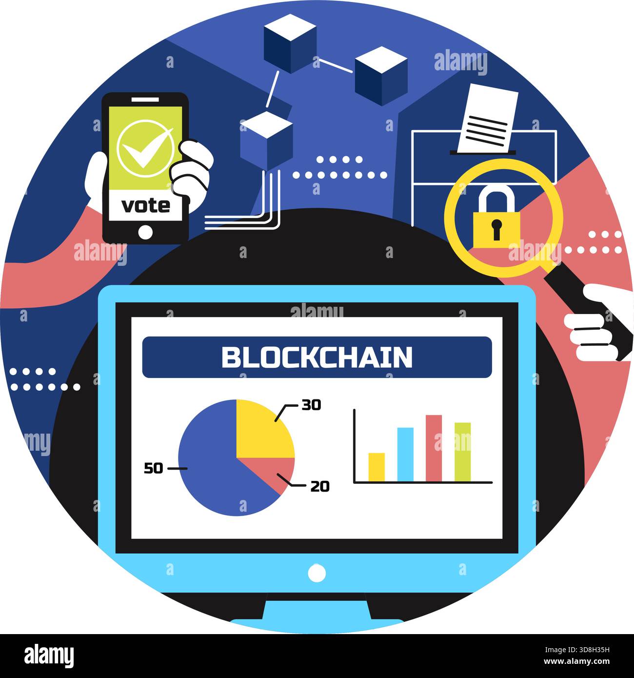 Blockchain Voting System Vector Illustration zeigt sichere dezentrale digitale Stimmzettel und transparente Wahltechnologie in einem flachen Hintergrund Stock Vektor