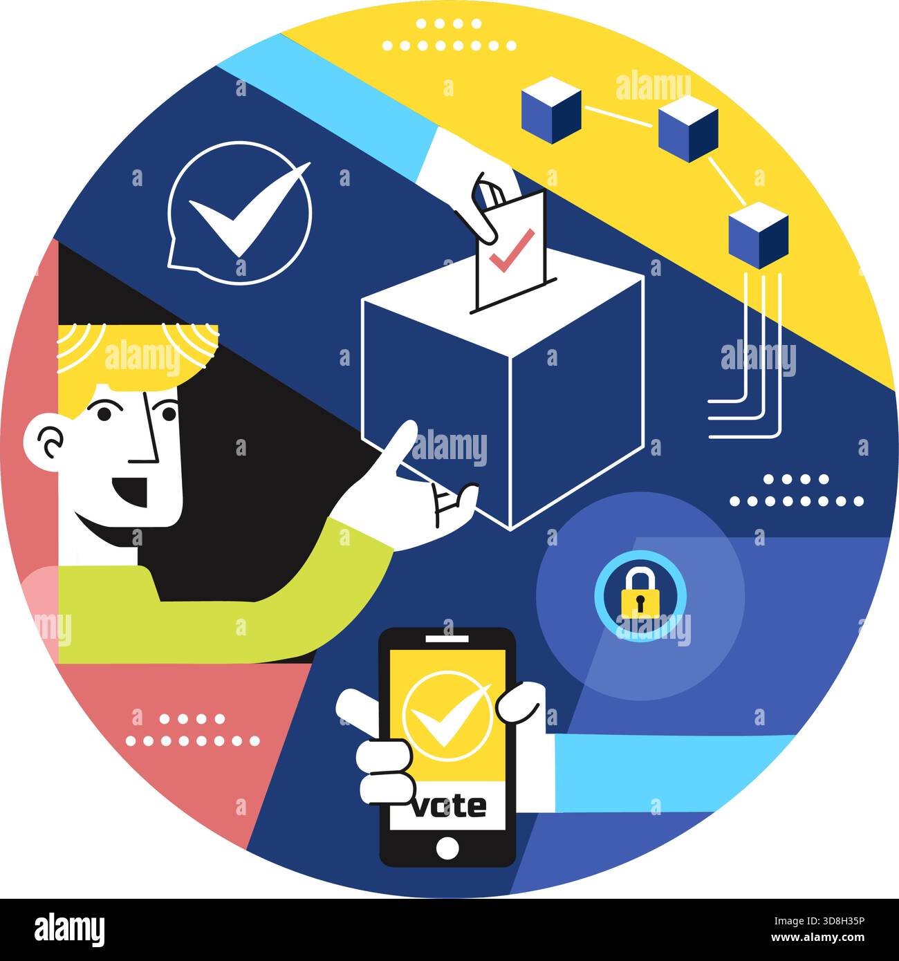 Blockchain Voting System Vector Illustration zeigt sichere dezentrale digitale Stimmzettel und transparente Wahltechnologie in einem flachen Hintergrund Stock Vektor