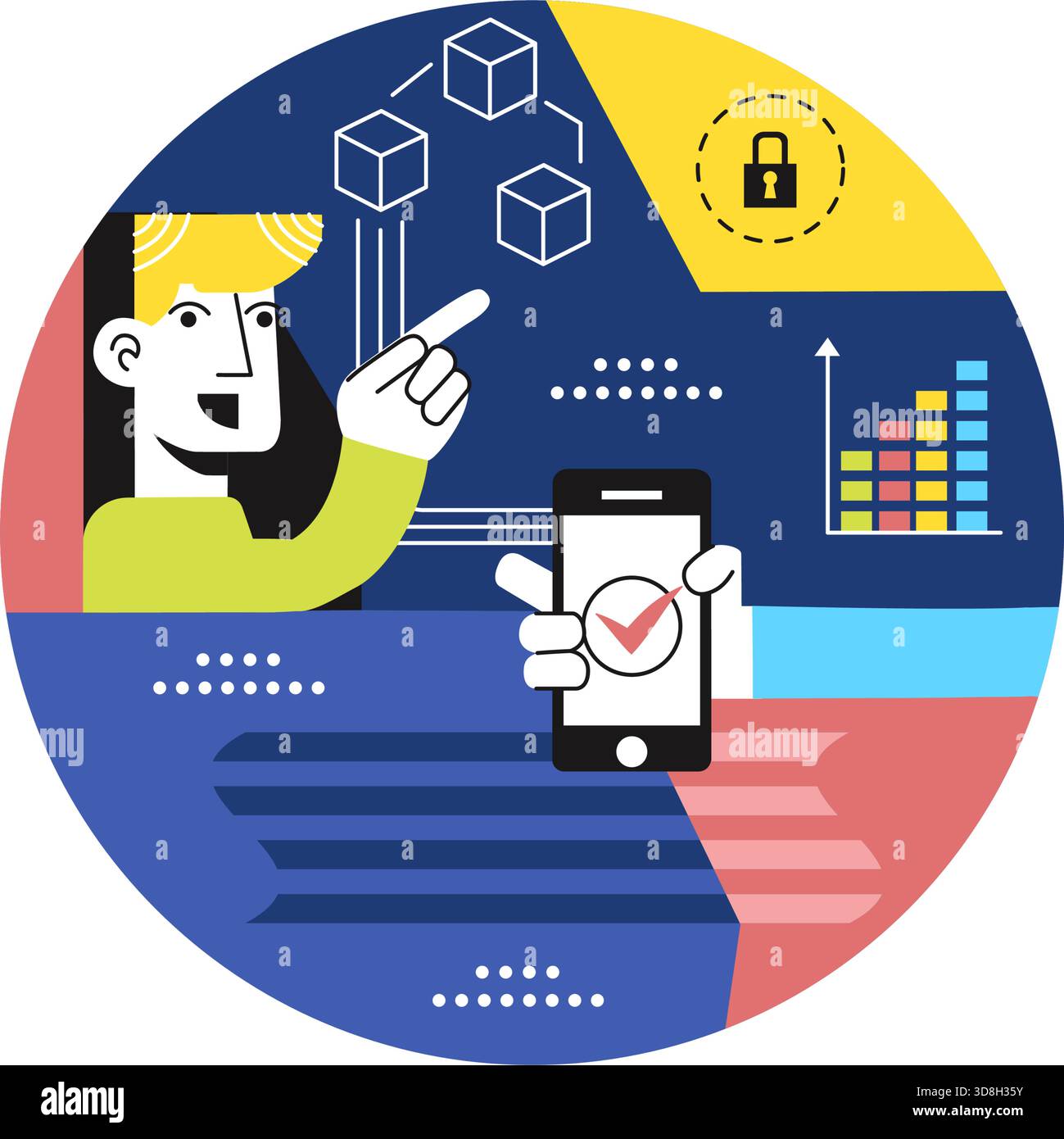 Blockchain Voting System Vector Illustration zeigt sichere dezentrale digitale Stimmzettel und transparente Wahltechnologie in einem flachen Hintergrund Stock Vektor
