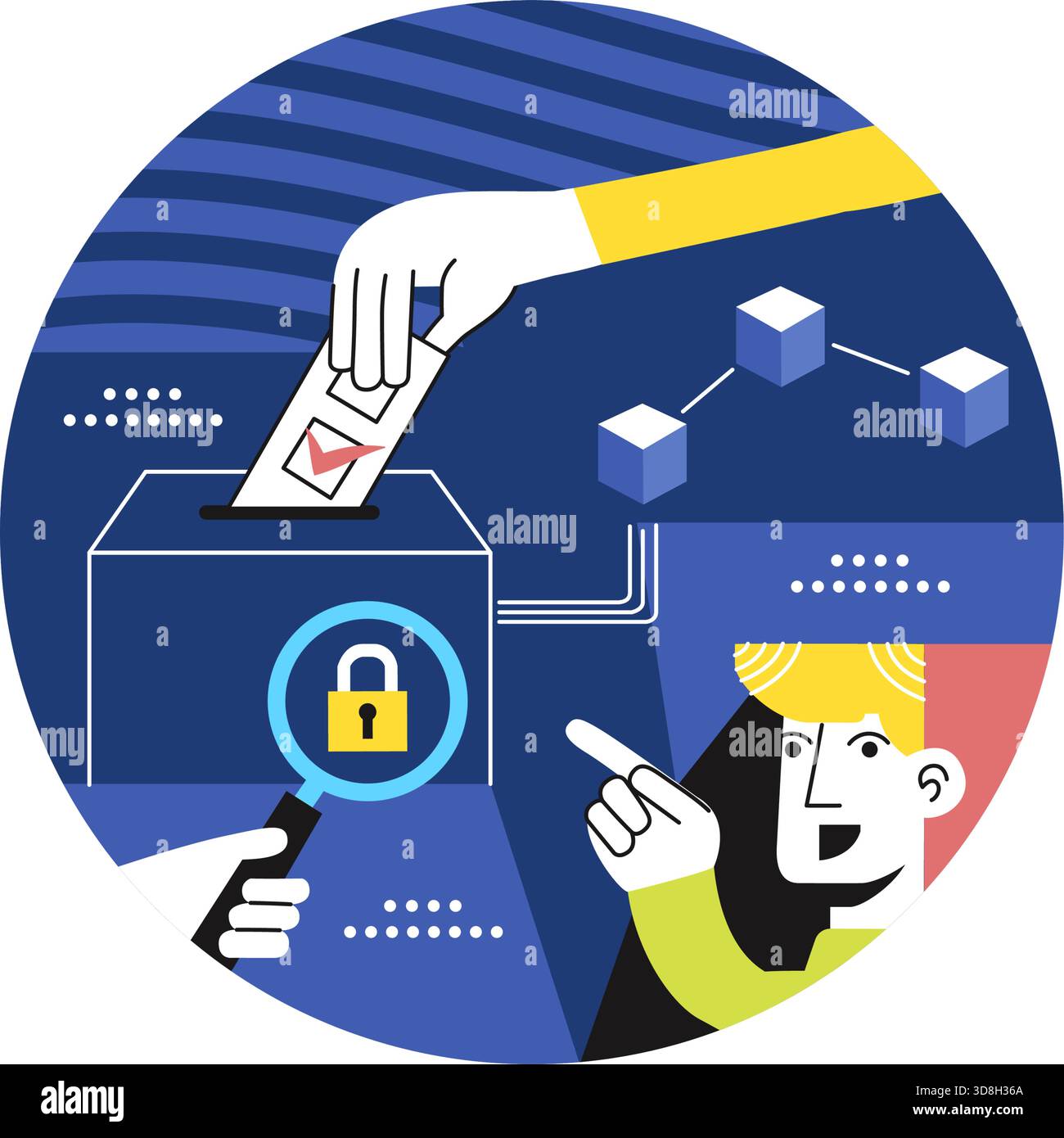 Blockchain Voting System Vector Illustration zeigt sichere dezentrale digitale Stimmzettel und transparente Wahltechnologie in einem flachen Hintergrund Stock Vektor