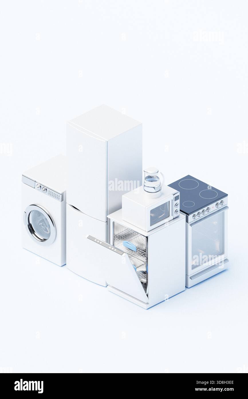 Ein modernes Geräteset mit Geschirrspüler, Waschmaschine, Kühlschrank, Herd und Wasserkocher, alle mit schlanker, moderner Ästhetik für Stockfoto