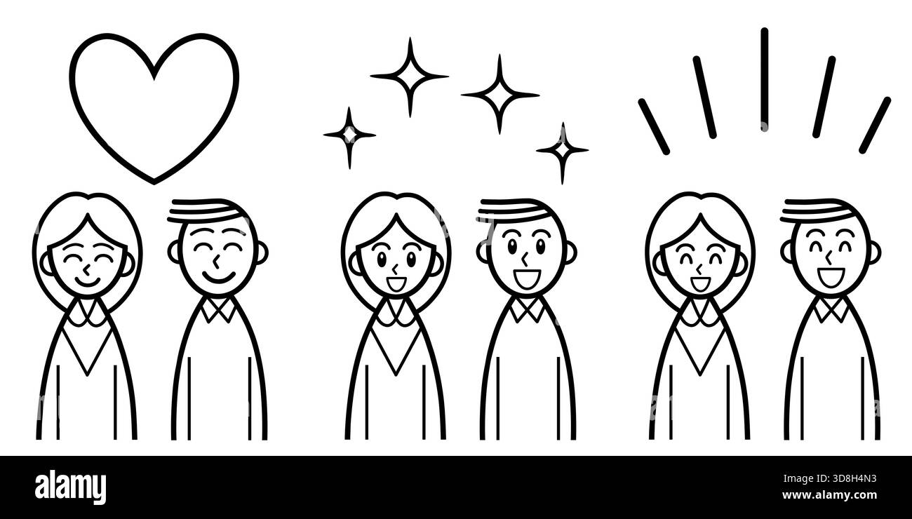 Linienzeichnung eines jungen Paares mit glücklichen Gesichtern Stockfoto