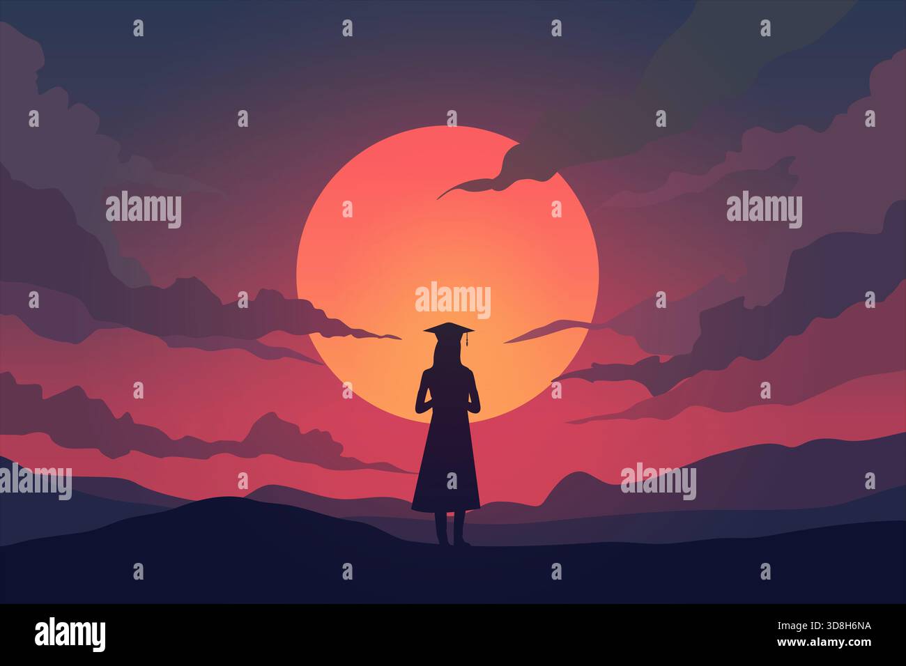 Mentales Zustandskonzept, Lebensphase, gemischte Emotionen eines einsamen neuen Absolventen, der in eine unsichere Zukunft blickt Stockfoto