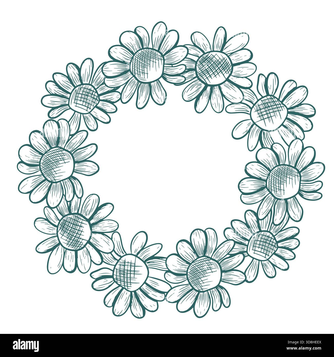 Kamillenblumenkranz. Runder Vektorkranz, handgezeichnet in einem grafischen Stil. Trendige Farben verwendet. Botanische Illustration der Blumen. Stockfoto