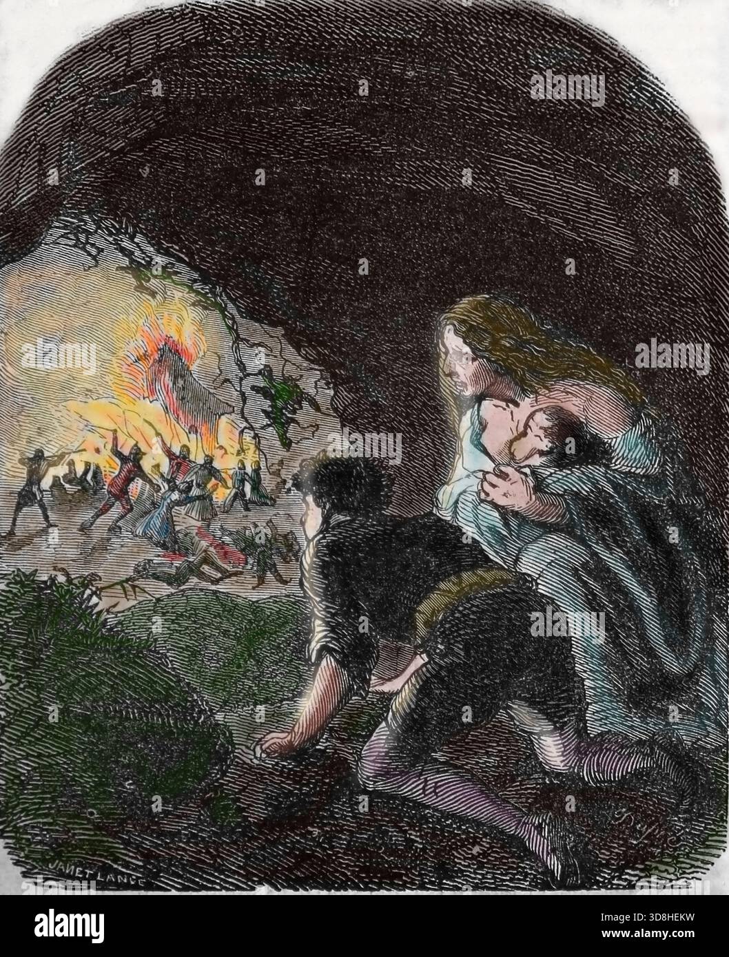 Die Herrschaft von Franz I. von Frankreich. 1534. Verfolgung von Ketzern (Hugenotten/protestanten). Eine calvinistische Familie war Zuflucht in der Höhle. Stich, 19. Jahrhundert. Stockfoto