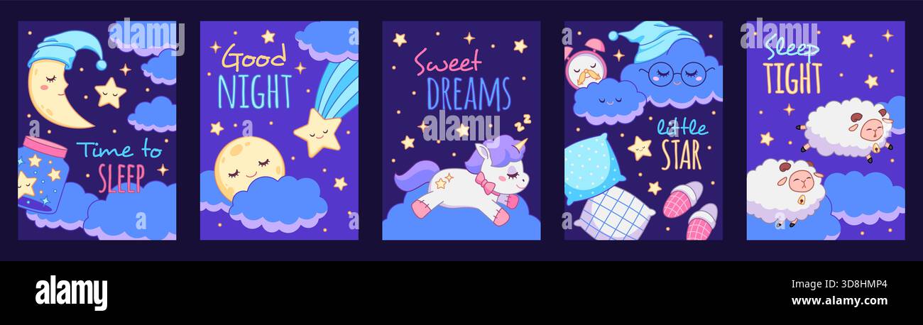 Gute-Nacht-Karten. Poster für süße Träume mit Schlafelementen, niedlichen Zeichentrickfiguren, Mond, Sternen, Einhorn und Wolken, Print-Design, Schlafensausdrücke Stock Vektor