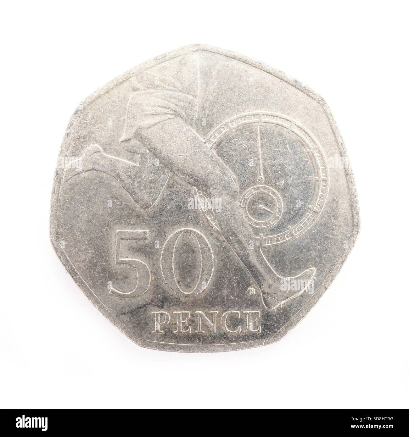 British Fifty Pence (50p) 2004, anlässlich des 50. Jahrestages von Sir Roger Bannisters Errungenschaft, die erste Meile unter vier Minuten zu laufen. Stockfoto