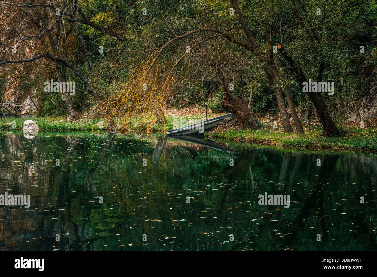 Verlassenes Boot tauchte am Ufer des dunklen Teichs im Herbstwald im Naturpark Monasterio de Piedra, Aragon, Spanien Stockfoto