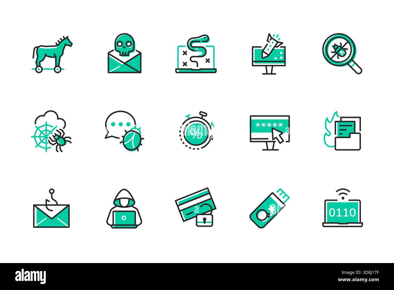 Computerangriffe – eine Reihe von Symbolen im Liniendesign Stock Vektor