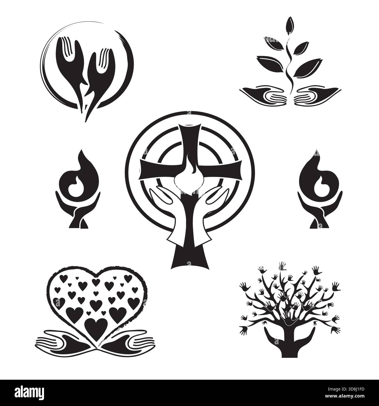 Set mit sieben Logos für Spiritualität, Handsymbole – Vektordesign in Schwarz-weiß-Farben Stock Vektor