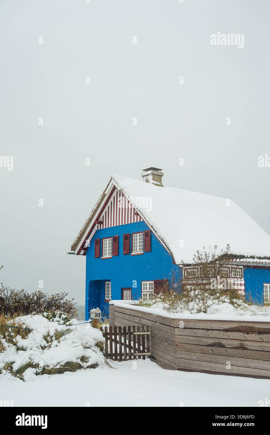 Blaues Reetdachhaus mit Schnee bedeckt, Graswarder, Heiligenhafen Stockfoto