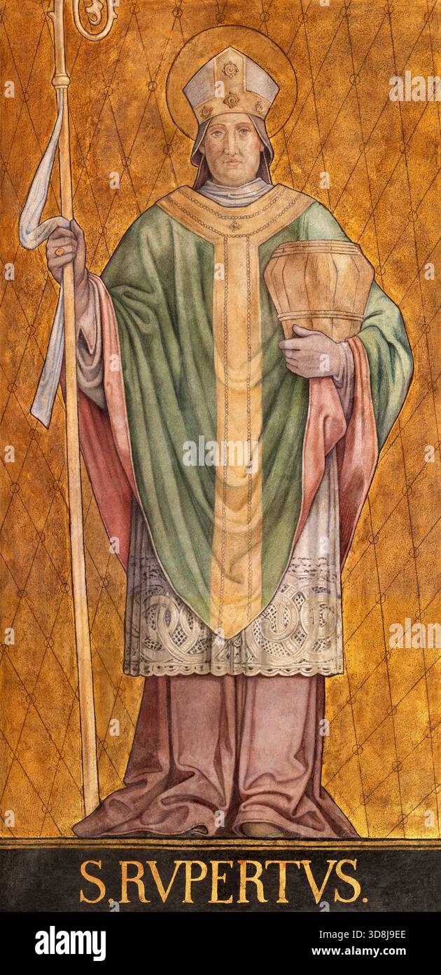 BAD REICHENHALL, DEUTSCHLAND - 8. SEPTEMBER 2025: Das Fresko St. Rupert in der Kirche St. Nikolaus von Moritz von Schwind (1862). Stockfoto