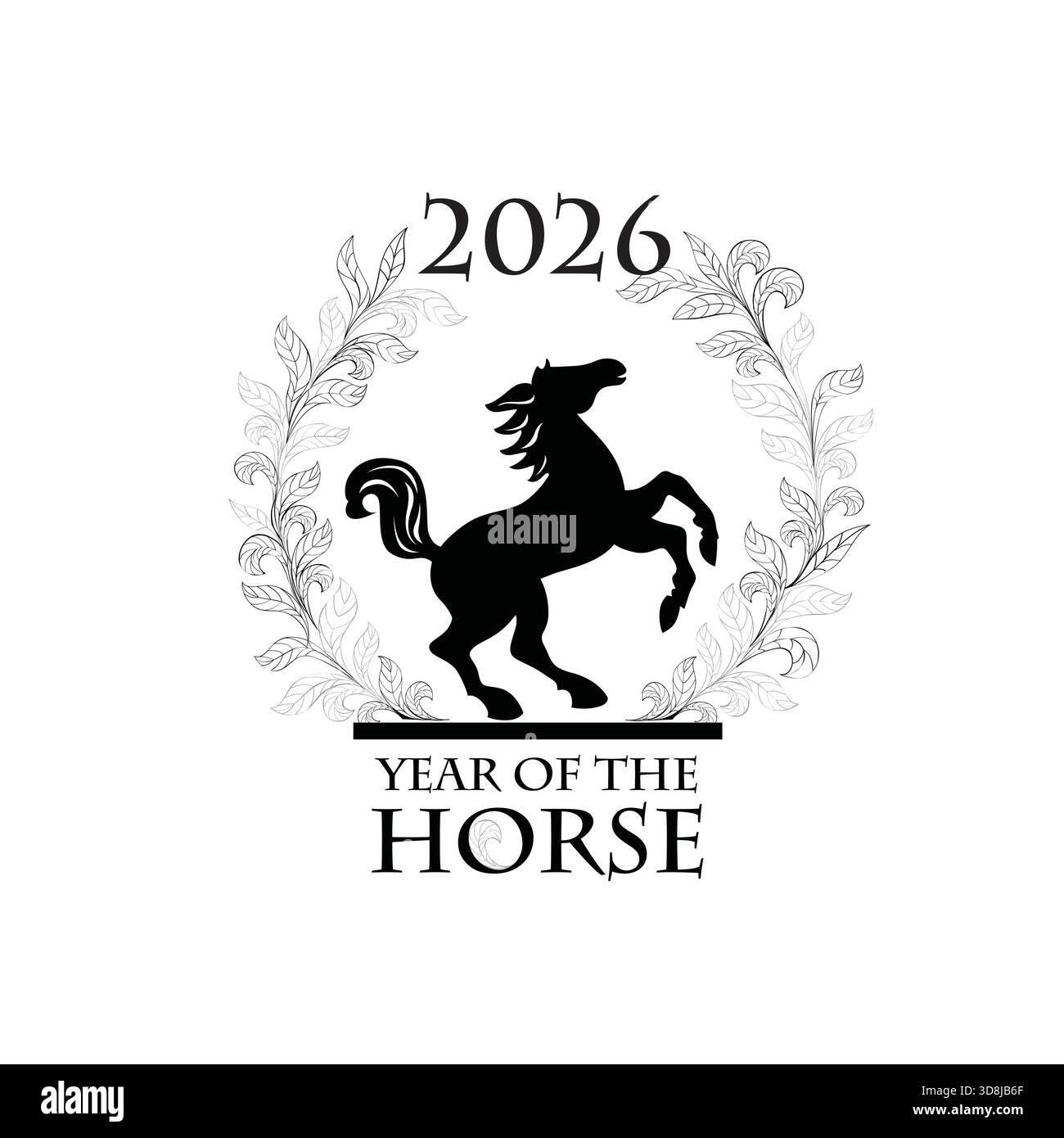 Pferdesilhouette im Kranz aus Zweigen mit Blättern. Strichzeichnung, Happy New Year Poster für 2026. Das Jahr des Pferdes nach der chinesischen CA Stock Vektor