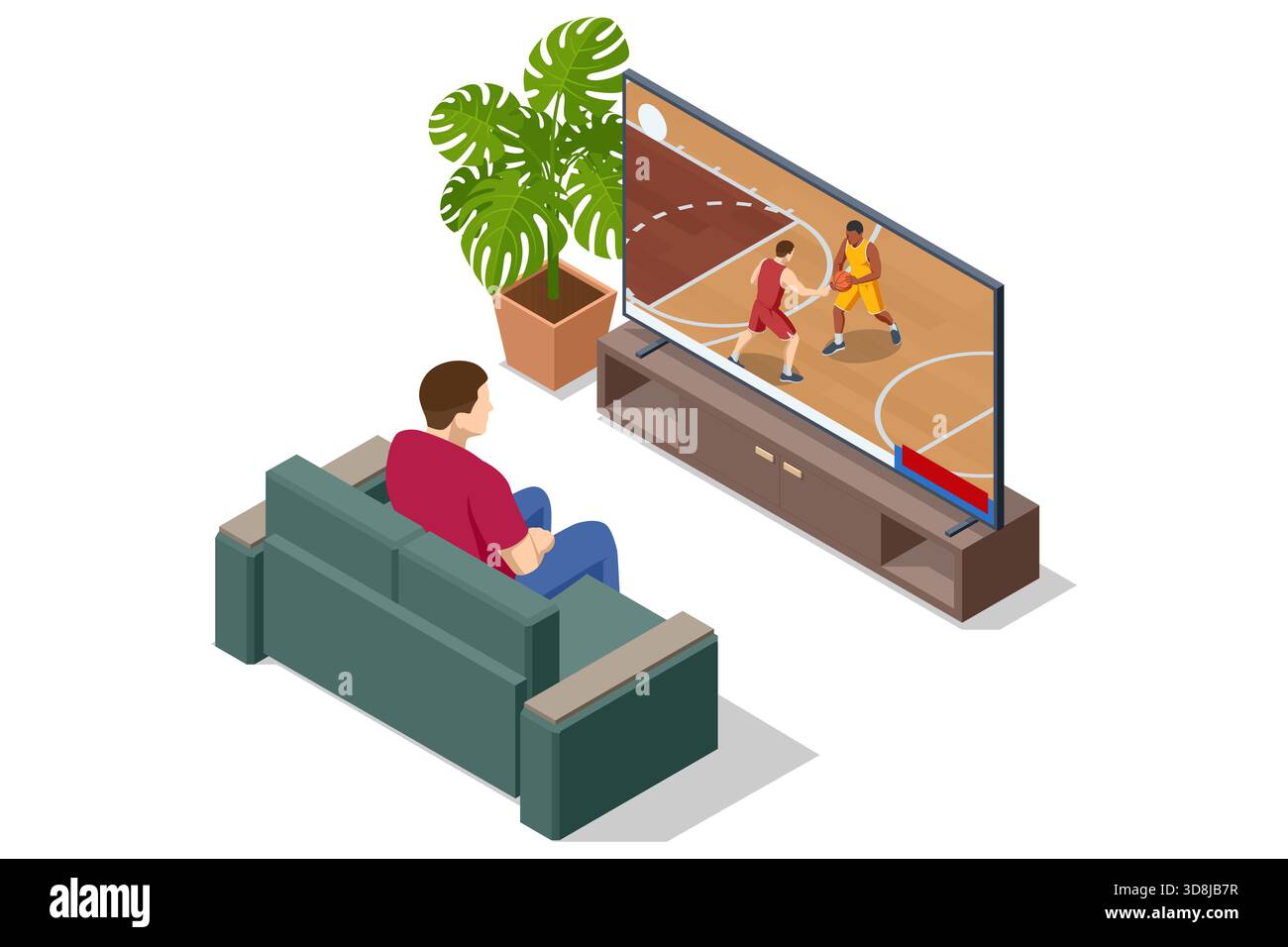 Isometrische Illustration eines Mannes, der auf einem Sofa sitzt und zu Hause ein Basketballspiel auf einem großen Fernsehbildschirm ansieht. Unterhaltung, Sportübertragungen und Stock Vektor