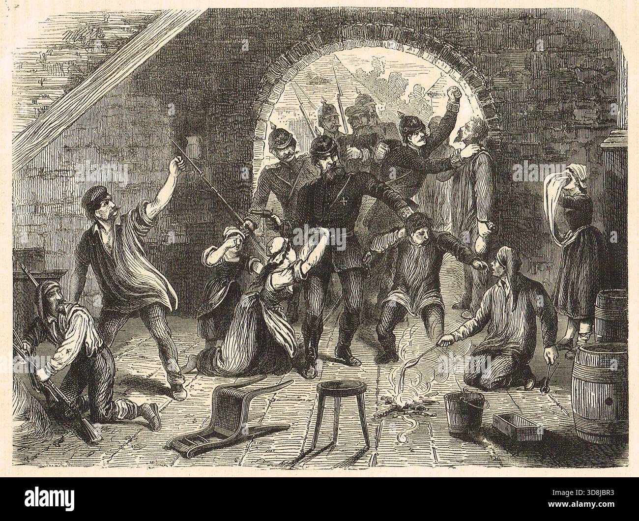 Französische Widerstandskämpfer wurden von einem preußischen Hausüberfall während des Deutsch-Französischen Krieges überrascht. Stockfoto