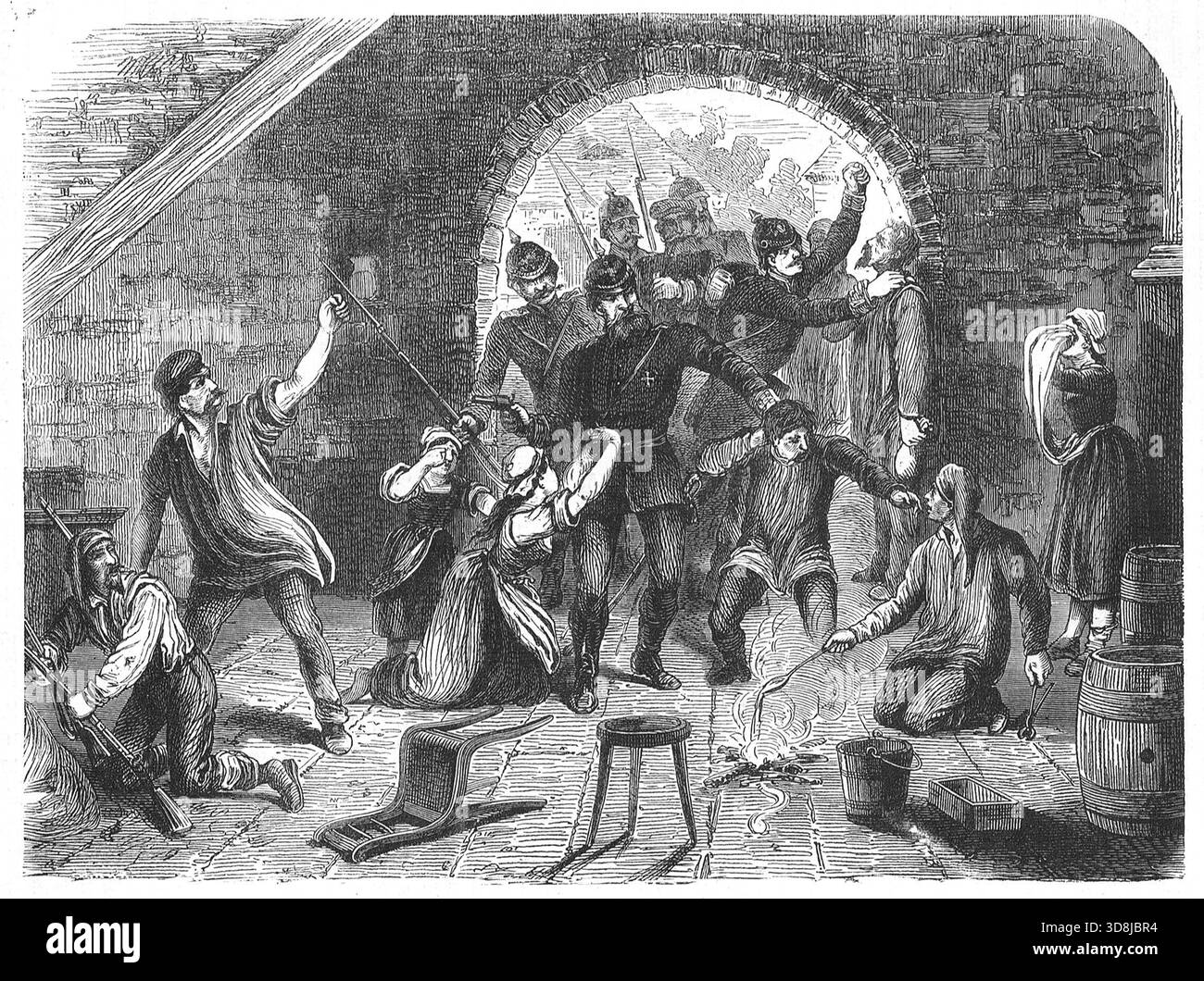 Französische Widerstandskämpfer wurden von einem preußischen Hausüberfall während des Deutsch-Französischen Krieges überrascht. Stockfoto