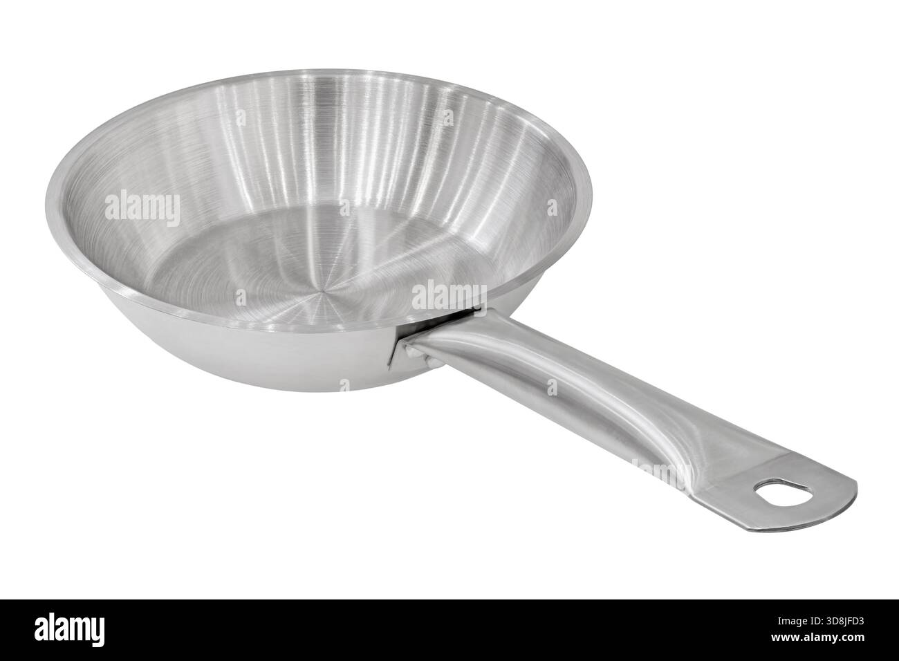 Edelstahl-Bratpfanne, leer und sauber, isoliert auf weißem Hintergrund Stockfoto