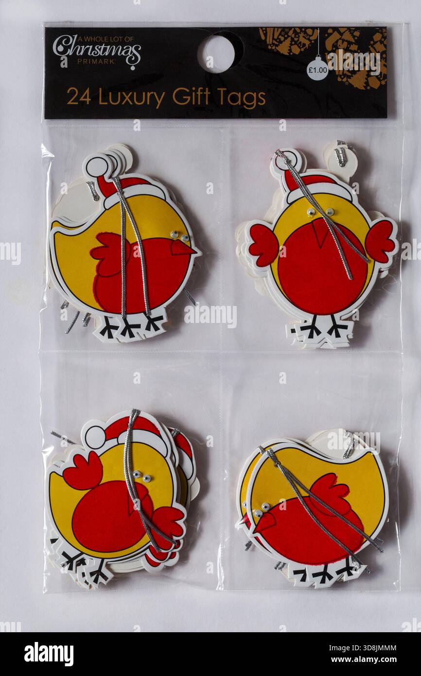 Eine ganze Menge Weihnachten 24 luxuriöse Geschenkanhänger mit Robins robin auf von Primark isoliert auf weißem Hintergrund Stockfoto