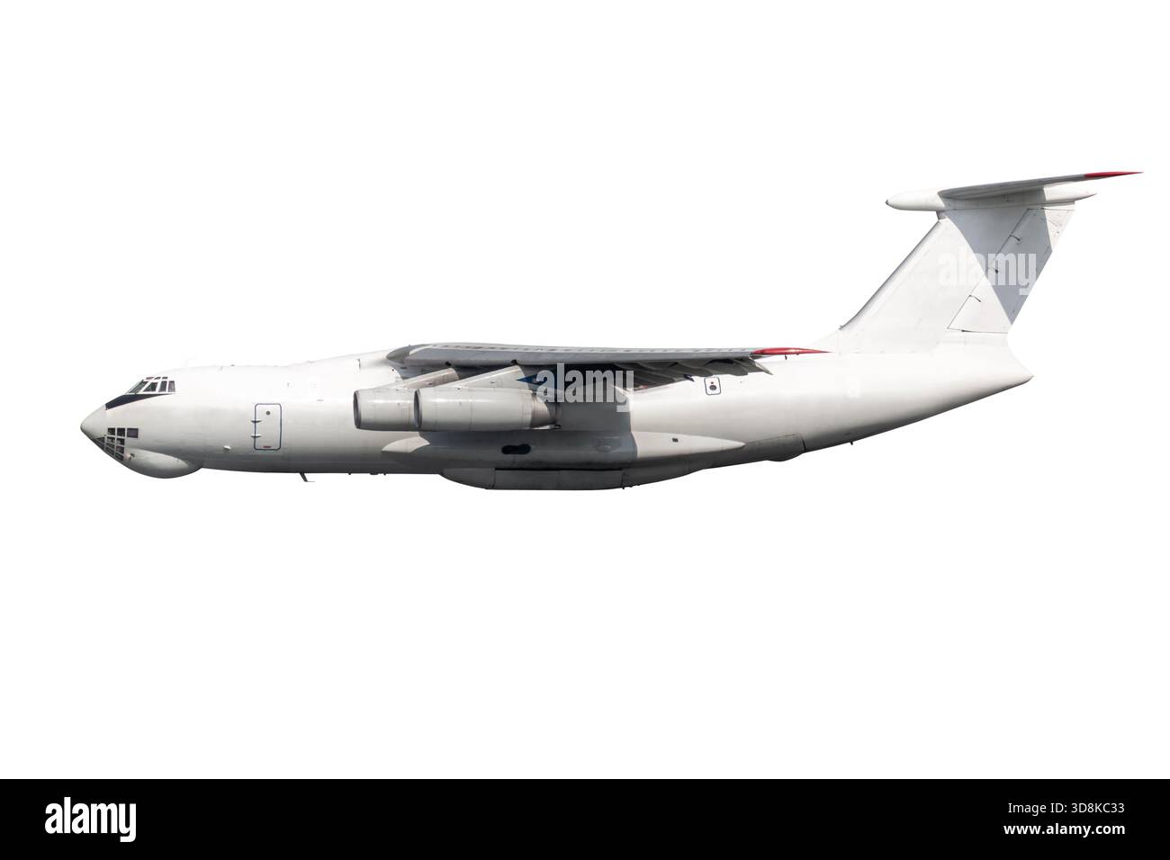 Große Frachtflugzeuge fliegen isoliert auf weißem Hintergrund Stockfoto