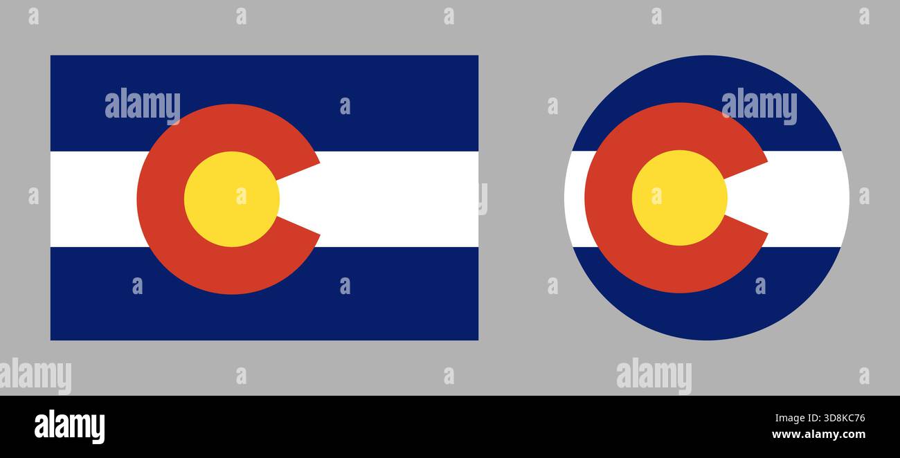 Colorado Rechteck, kreisförmige Flaggenabzeichen. Symbole für den Bundesstaat Colorado. USA kreisförmige, rechteckige Taste, Bannerset. Stock Vektor