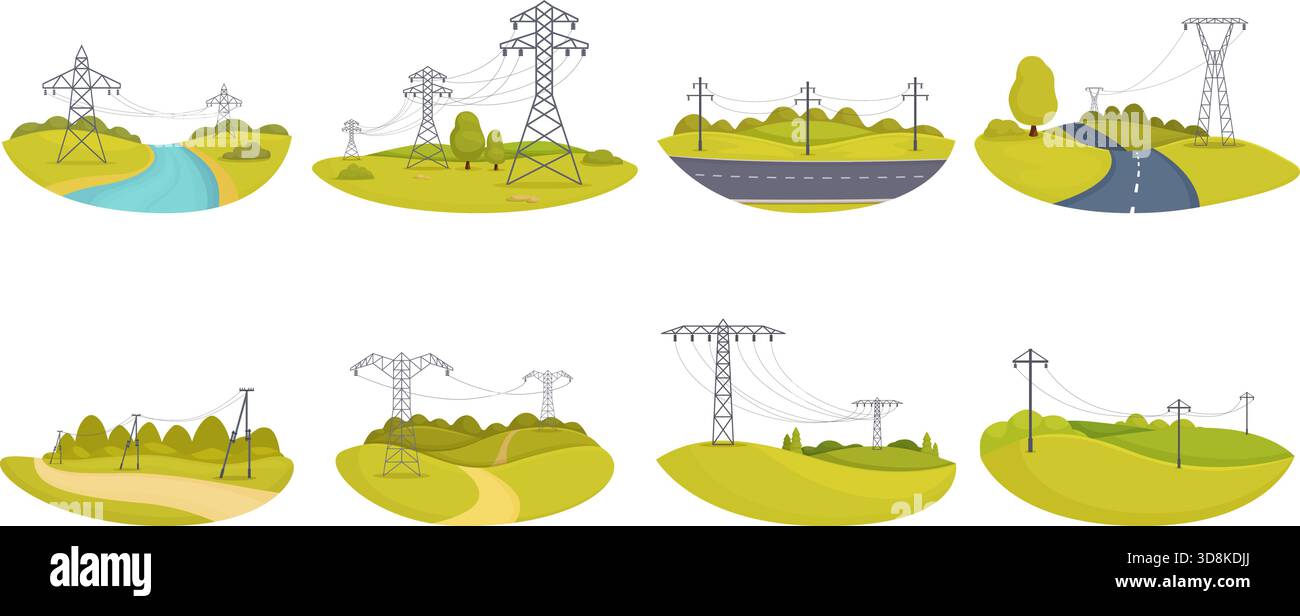 Infrastruktur für die Energieübertragung. Hochspannungsdrähte in der Natur, im Tal und im Wald. Stromkabel, Energienetznetz, sapid-Vektorszenen Stock Vektor