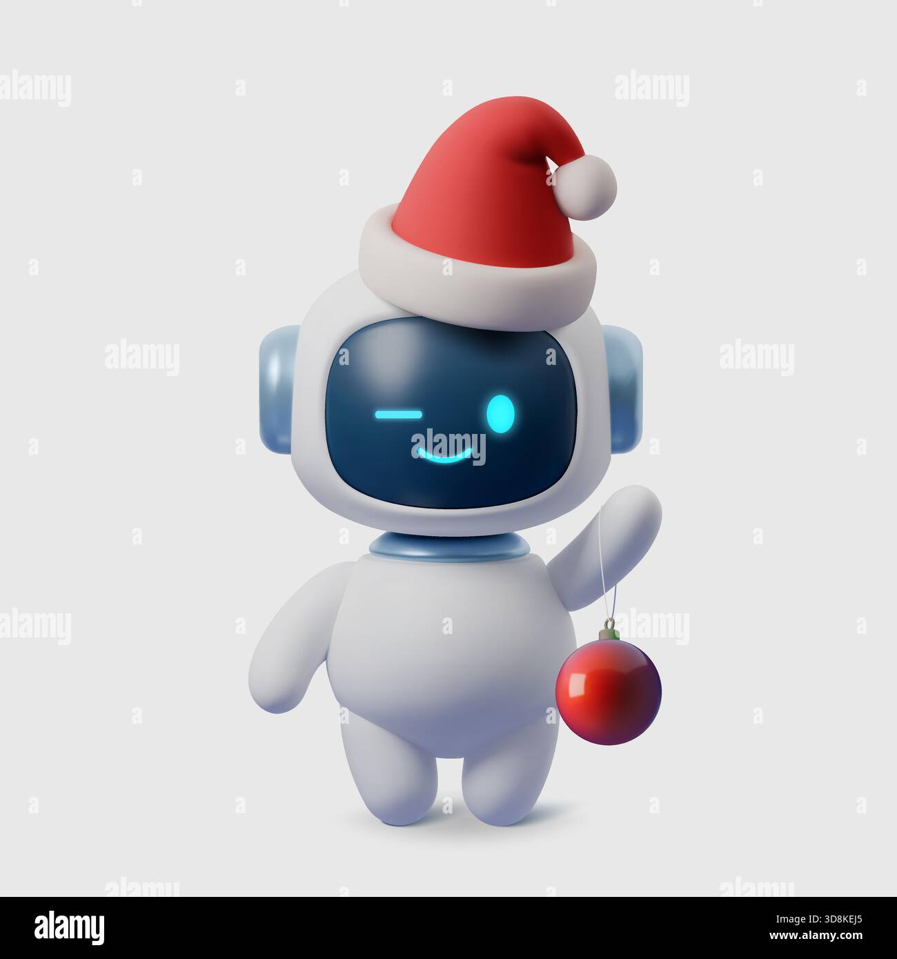 Niedlicher 3D-KI-Roboter im Weihnachtsmann-Hut mit Weihnachtsschmuck. Festlicher Feiertagscharakter für Wintermotive, technische Grüße, Neujahrskarten und Digital Stock Vektor