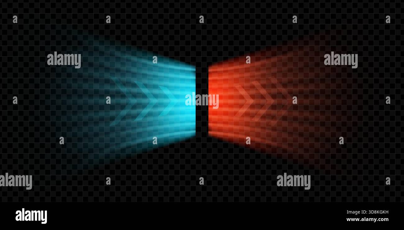 Der saubere Luftstrom bewegt sich in glatten Pfeilen in warmem Rot und kühlem Blau und bildet eine sanfte Bewegungswelle. Frischtemperaturströme sorgen für ein klares HLK-Konzept für moderne Vektorgrafiken und Systemabbildungen. Stock Vektor