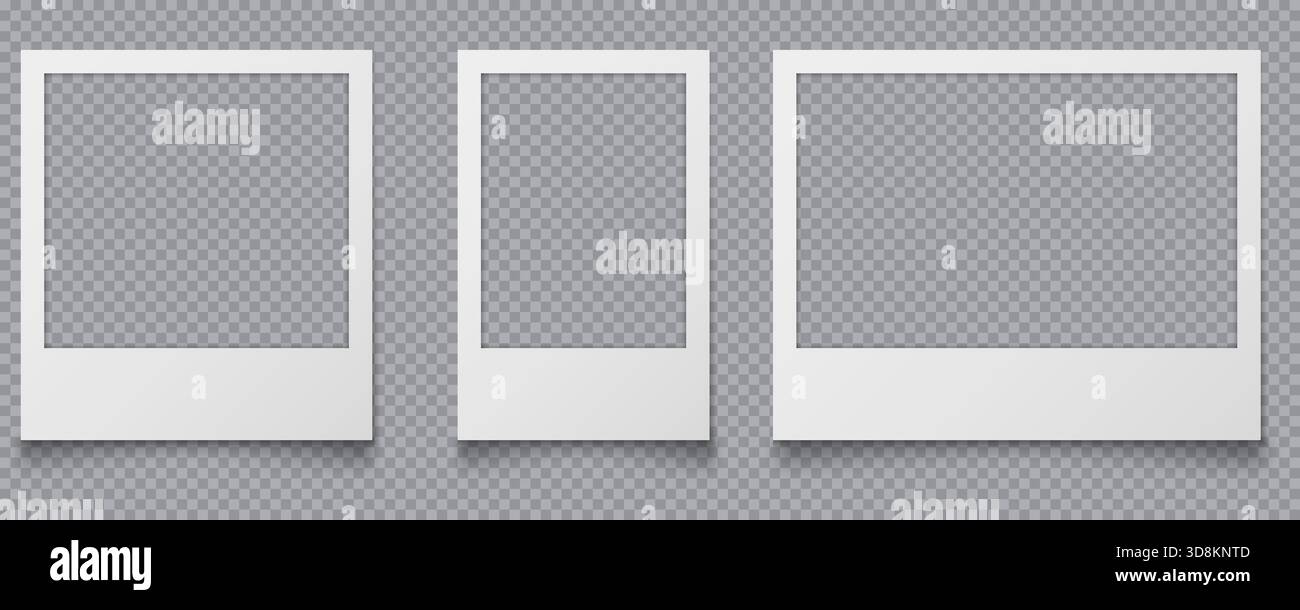 Realistische leere Bilderrahmen mit weichen Schatten auf transparentem Hintergrund, geeignet für Mockups, Präsentationen und digitale Grafiken. Leere weiße Bilderrahmen mit realistischen Schatten auf transparentem Hintergrund, ideal für Vorlagen und Grafikdesign. Stock Vektor