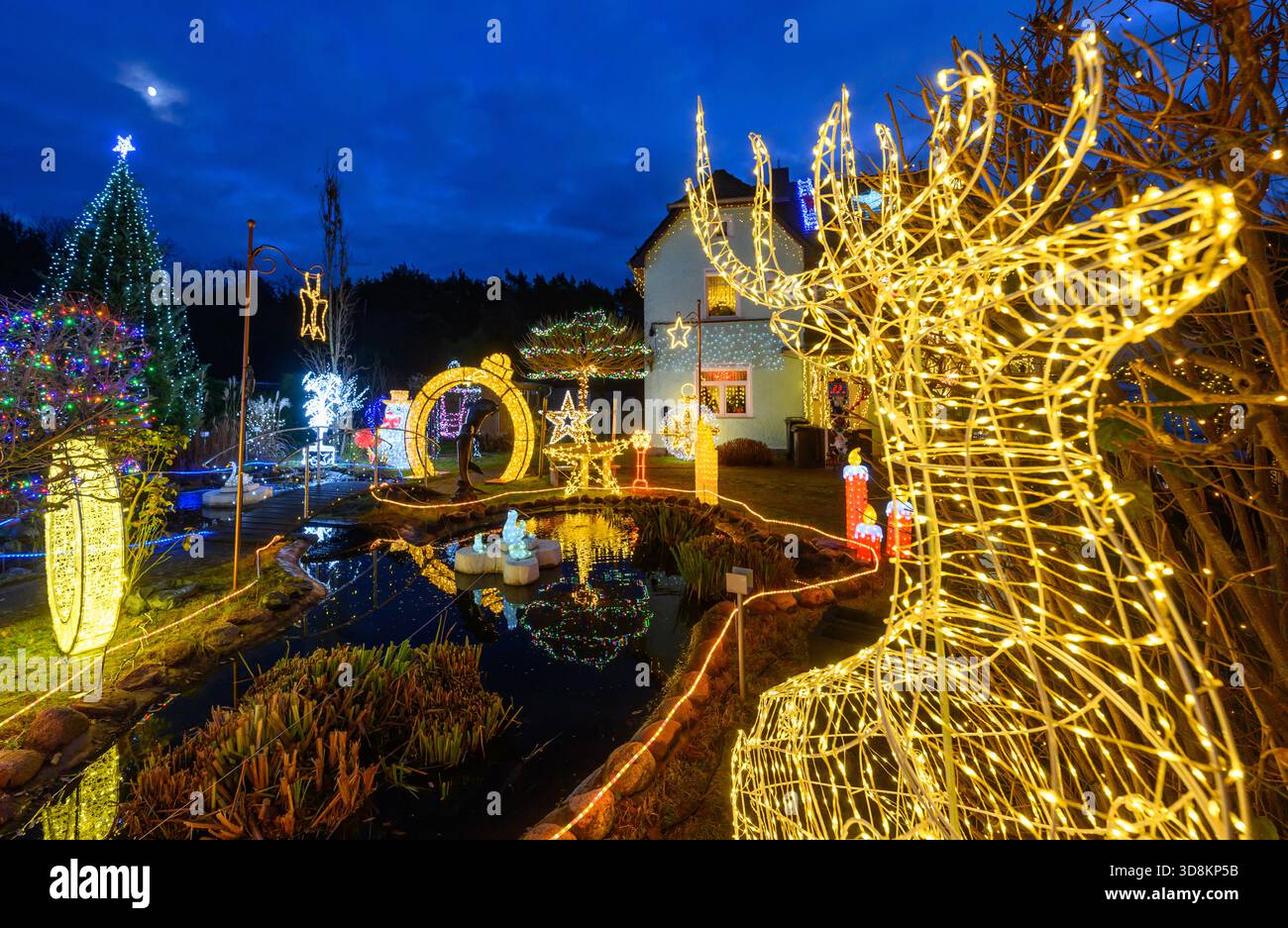 01. Dezember 2025, Brandenburg, Berkenbrück: Jeden Abend verwandelt sich das Anwesen der Familie Muschner in Ostbrandenburgs in ein glitzerndes Winterwunderland. Mehr als 20 Zeitgeber beleuchten die Garten- und Hausfassade im Takt und tauchen das Anwesen in ein Lichtmeer. Die Sammlung wächst seit über zwei Jahrzehnten stetig: Mehr als 100 Figuren bevölkern das Gelände – glitzernde Schneemänner, strahlende Weihnachtsmänner, Rentiere und andere Tierfiguren. Zusammen bilden sie ein leuchtendes Ensemble, das die Besucher aus der Ferne in festliche Stimmung versetzt und den Garten zu einem beliebten Ausflugsziel während der Adv. Macht Stockfoto