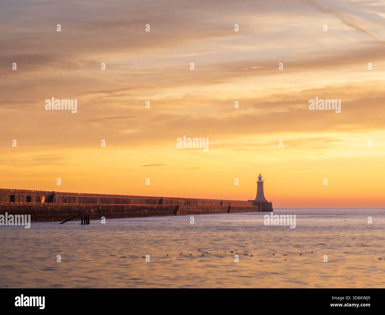 England, Tyne und Wear, Tynemouth. Der Leuchtturm des North tyne Pier führt Schiffe, die von der Nordsee aus durch den Fluss Tyne kommen Stockfoto