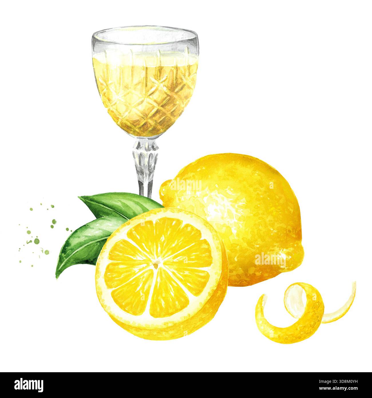 Likör oder Tinktur von Limoncello in einem Kristallglas mit frischer Zitrone. Handgezeichnete Aquarellillustration isoliert auf weißem Hintergrund Stockfoto