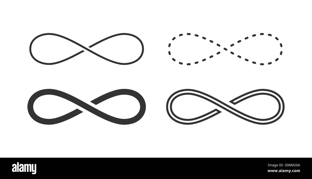Satz von schwarzen Infinity-Zeichen-Symbolen auf weißem Hintergrund, Vektorillustration Stock Vektor
