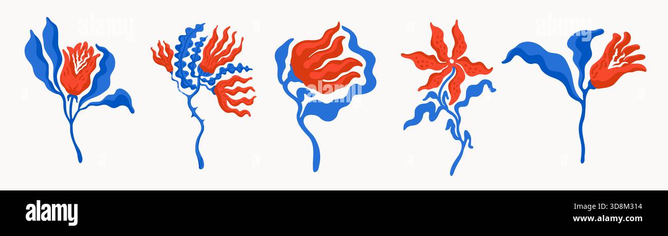 Abstrakte skandinavische Wildblumen in Rot und Blau. Dekorative Frühlingsblumen und -Blätter im modernen Volkskunststil, ideal für Schreibwaren Stock Vektor