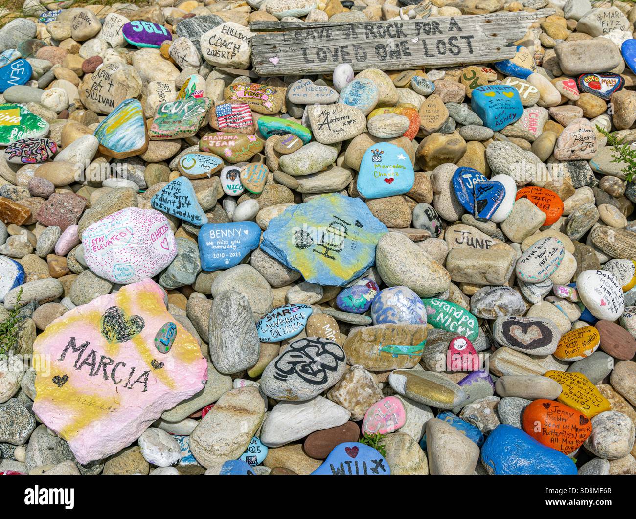 Detailbild einer Sammlung von handgemalten Felsen, die in Erinnerung an die Verlorenen entstanden sind Stockfoto