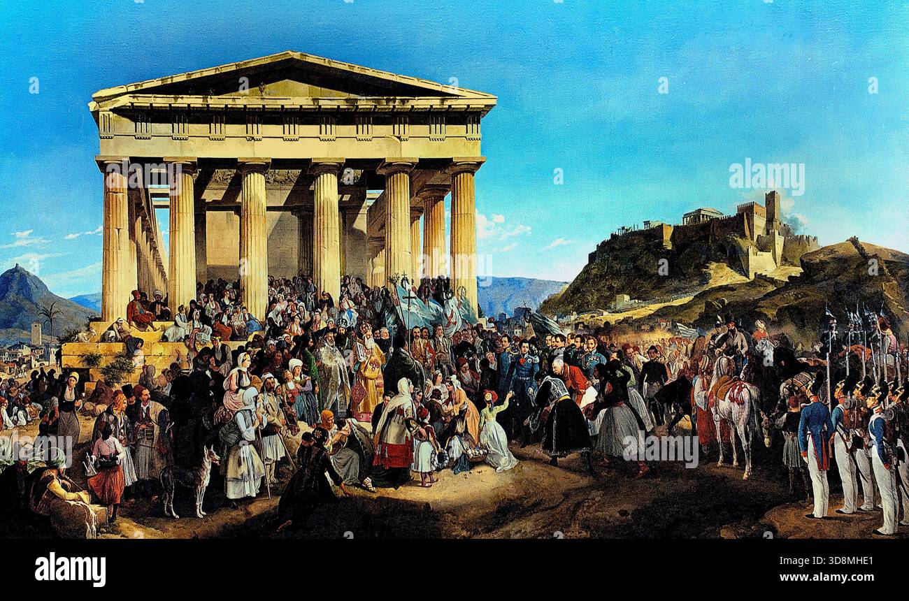DER EINZUG VON KÖNIG OTHON VON GRIECHENLAND IN ATHEN (1839) PETER VON HESS (1792–1871) Deutsche Alte Pinakothek, München, ( König Othon (Otto) von Griechenland (1815–1867) war der erste Monarch des modernen griechischen Königreichs, ein bayerischer Fürst, der von 1832 bis 1862 regierte und grundlegende Institutionen wie die Universität von Athen errichtete, aber Herausforderungen mit ausländischem Einfluss, wirtschaftlichen Problemen, und politische Instabilität, die letztlich zu seiner Absetzung und seinem Exil führte, obwohl er für sein Engagement für Griechenland liebevoll in Erinnerung bleibt.) Stockfoto