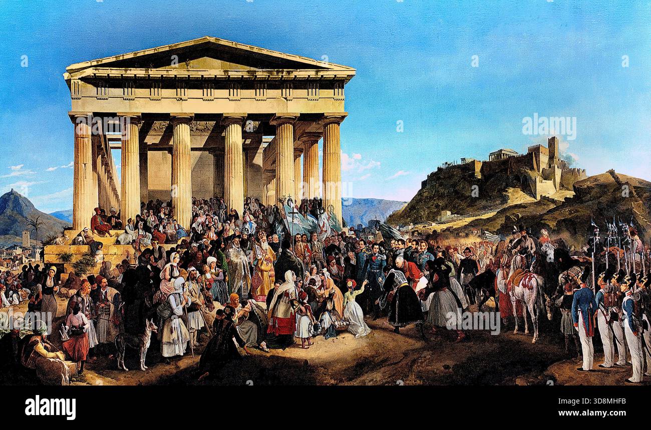 DER EINZUG VON KÖNIG OTHON VON GRIECHENLAND IN ATHEN (1839) PETER VON HESS (1792–1871) Deutsche Alte Pinakothek, München, ( König Othon (Otto) von Griechenland (1815–1867) war der erste Monarch des modernen griechischen Königreichs, ein bayerischer Fürst, der von 1832 bis 1862 regierte und grundlegende Institutionen wie die Universität von Athen errichtete, aber Herausforderungen mit ausländischem Einfluss, wirtschaftlichen Problemen, und politische Instabilität, die letztlich zu seiner Absetzung und seinem Exil führte, obwohl er für sein Engagement für Griechenland liebevoll in Erinnerung bleibt.) Stockfoto
