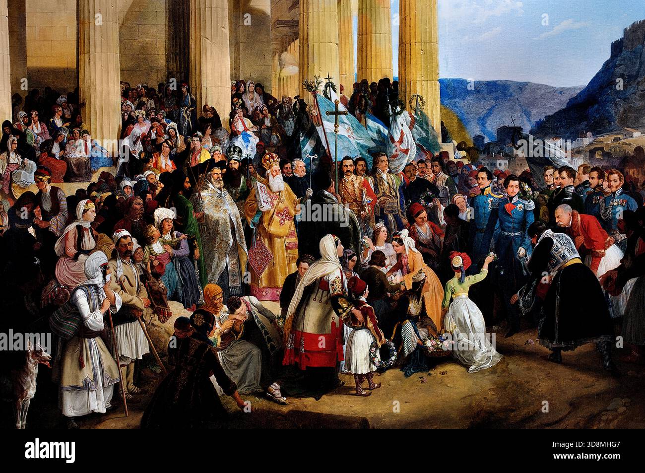 DER EINZUG VON KÖNIG OTHON VON GRIECHENLAND IN ATHEN (1839) PETER VON HESS (1792–1871) Deutsche Alte Pinakothek, München, ( König Othon (Otto) von Griechenland (1815–1867) war der erste Monarch des modernen griechischen Königreichs, ein bayerischer Fürst, der von 1832 bis 1862 regierte und grundlegende Institutionen wie die Universität von Athen errichtete, aber Herausforderungen mit ausländischem Einfluss, wirtschaftlichen Problemen, und politische Instabilität, die letztlich zu seiner Absetzung und seinem Exil führte, obwohl er für sein Engagement für Griechenland liebevoll in Erinnerung bleibt.) Stockfoto