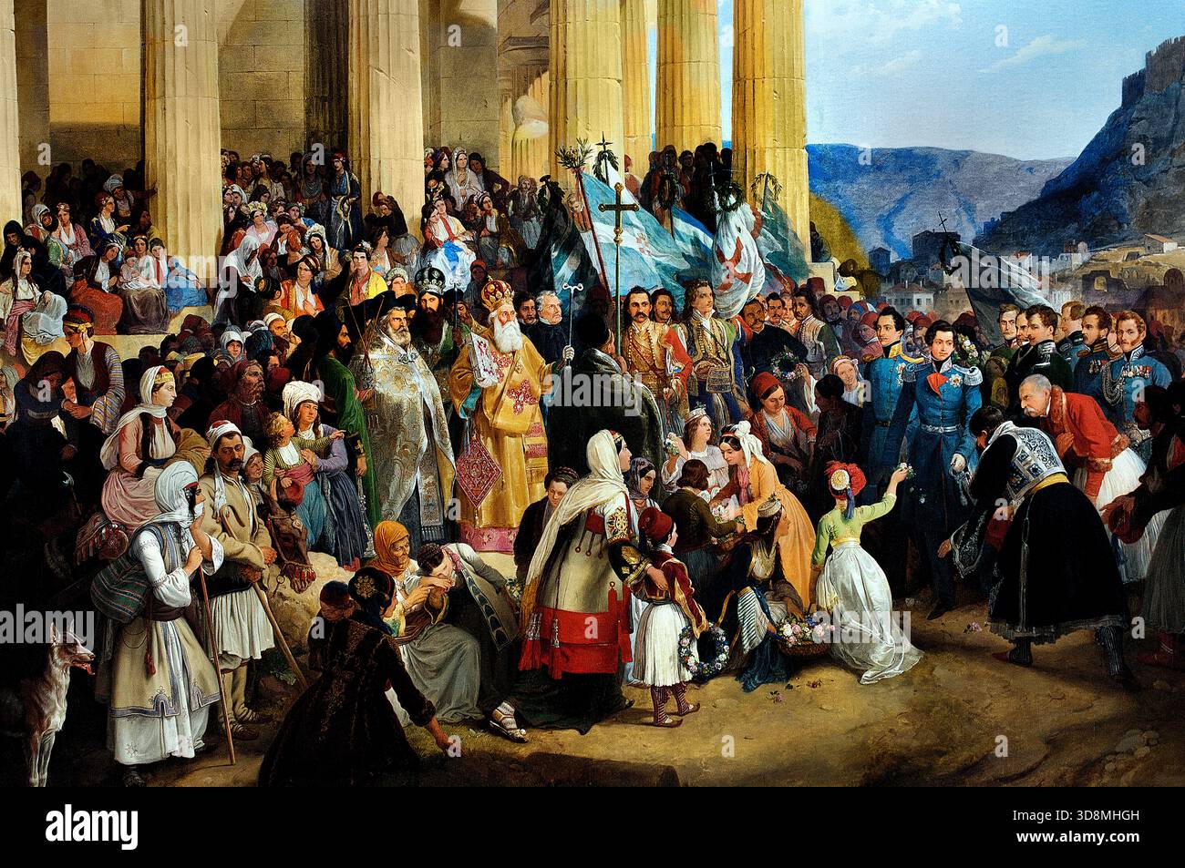 DER EINZUG VON KÖNIG OTHON VON GRIECHENLAND IN ATHEN (1839) PETER VON HESS (1792–1871) Deutsche Alte Pinakothek, München, ( König Othon (Otto) von Griechenland (1815–1867) war der erste Monarch des modernen griechischen Königreichs, ein bayerischer Fürst, der von 1832 bis 1862 regierte und grundlegende Institutionen wie die Universität von Athen errichtete, aber Herausforderungen mit ausländischem Einfluss, wirtschaftlichen Problemen, und politische Instabilität, die letztlich zu seiner Absetzung und seinem Exil führte, obwohl er für sein Engagement für Griechenland liebevoll in Erinnerung bleibt.) Stockfoto