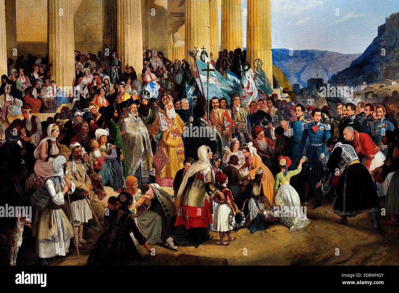 DER EINZUG VON KÖNIG OTHON VON GRIECHENLAND IN ATHEN (1839) PETER VON HESS (1792–1871) Deutsche Alte Pinakothek, München, ( König Othon (Otto) von Griechenland (1815–1867) war der erste Monarch des modernen griechischen Königreichs, ein bayerischer Fürst, der von 1832 bis 1862 regierte und grundlegende Institutionen wie die Universität von Athen errichtete, aber Herausforderungen mit ausländischem Einfluss, wirtschaftlichen Problemen, und politische Instabilität, die letztlich zu seiner Absetzung und seinem Exil führte, obwohl er für sein Engagement für Griechenland liebevoll in Erinnerung bleibt.) Stockfoto